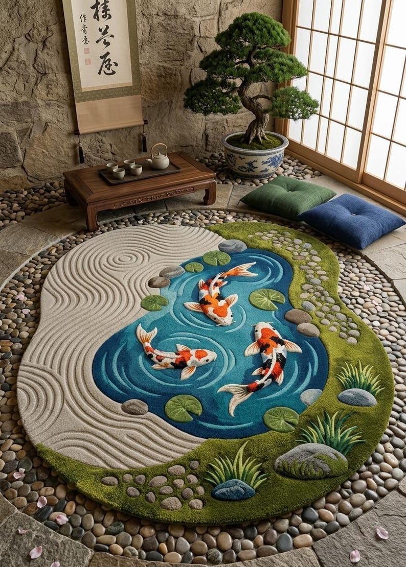 Japanese Koi Pond Wool Rug | 3D Hand-Tufted Zen Garden Area Carpet for Living Room, Bedroom & Meditation Space 🐟🌿✨