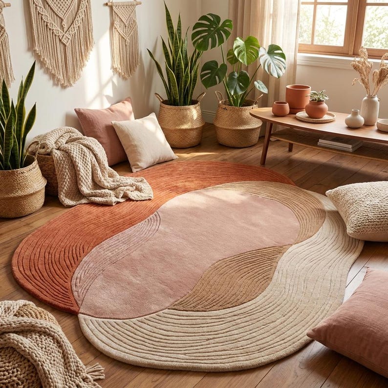 Terracotta Abstract Hand-Tufted Wool Rug | Organic Irregular Area Carpet