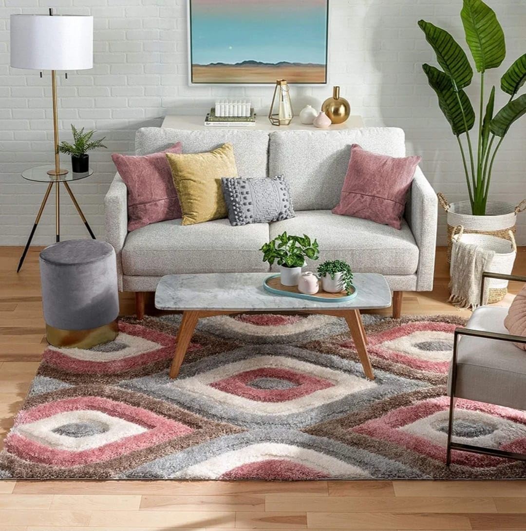 Pink Multi 3D Premium Stylish Shaggy Carpet - FYROSTIC CARPET