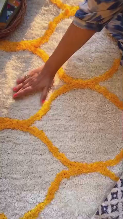 Yellow with Ivory Premium Morrocon Design Soft Shaggy Microfiber Rug/Floor-Mat/Carpet