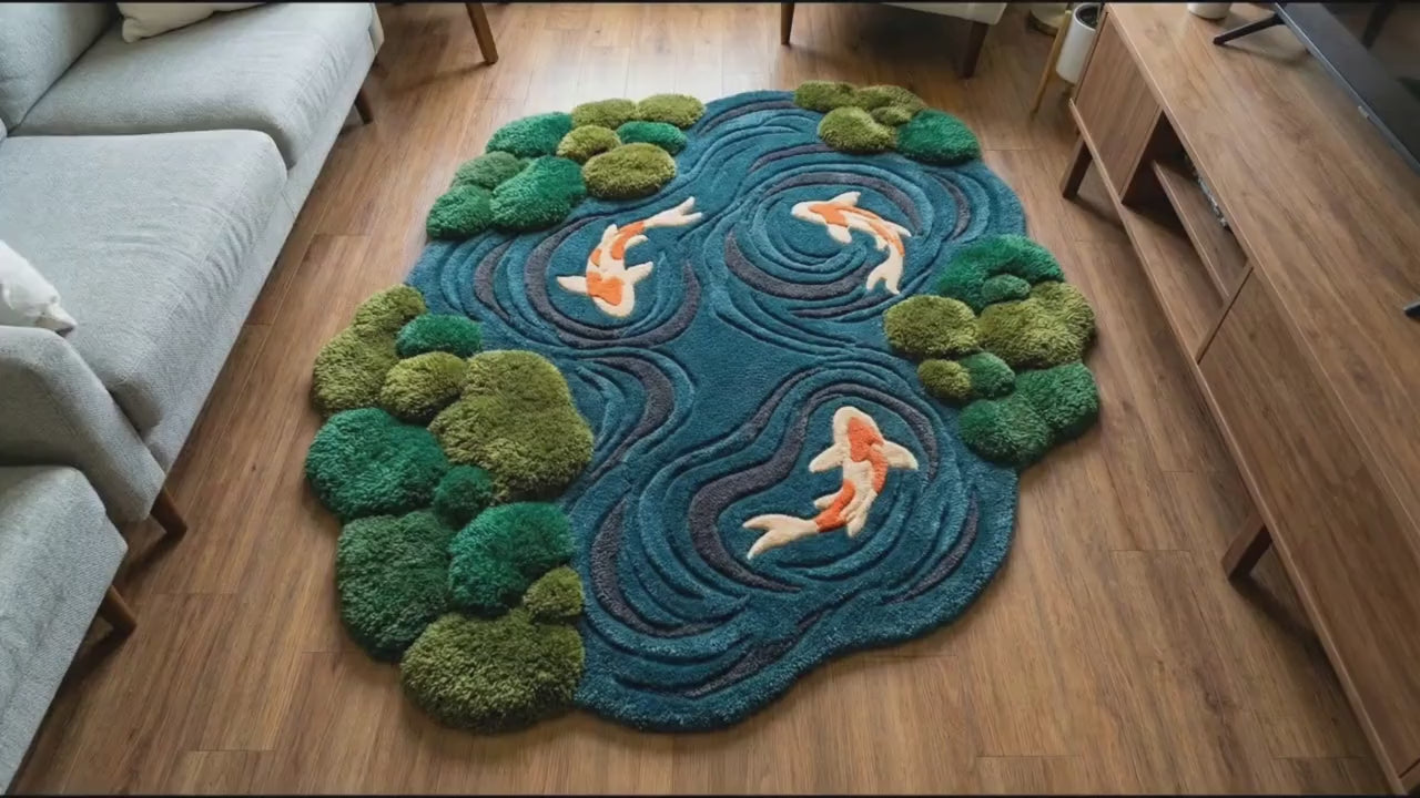 Moss Blue Koi Fish Pond Wool Rug | 3D Hand-Tufted Irregular Area Carpet