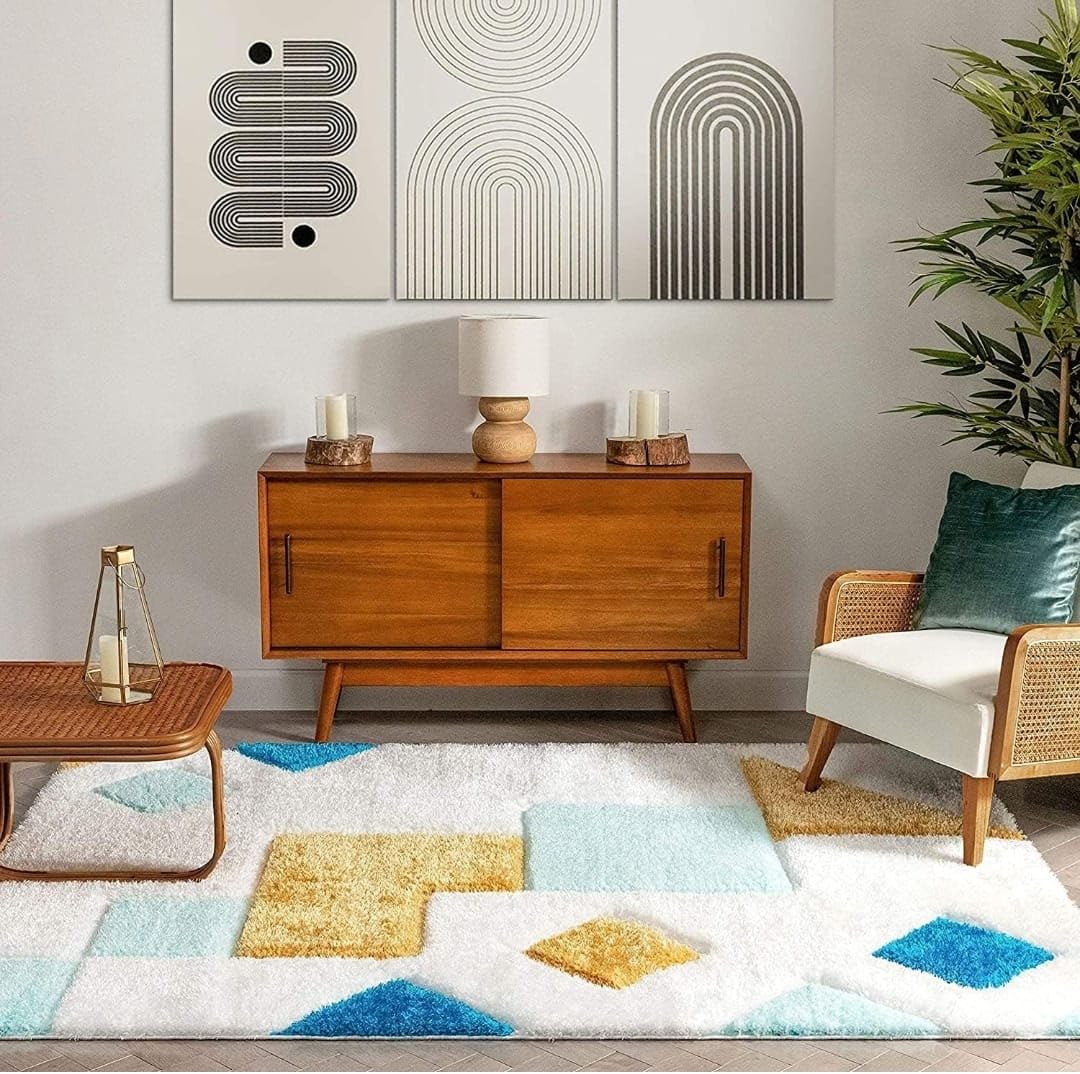 White with Yellow Multi 3D Cut Collection Classical Look Shaggy Carpet - FYROSTIC CARPET