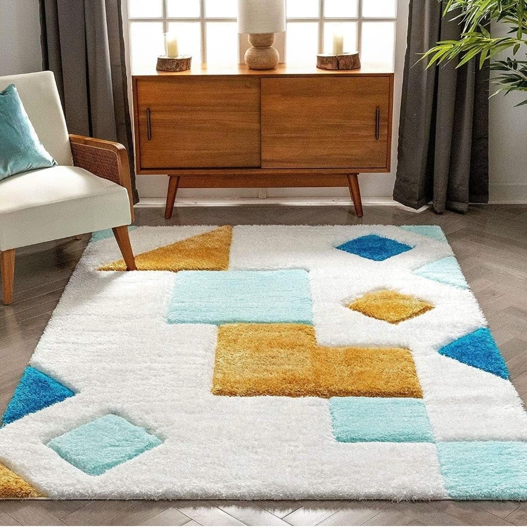 White with Yellow Multi 3D Cut Collection Classical Look Shaggy Carpet - FYROSTIC CARPET