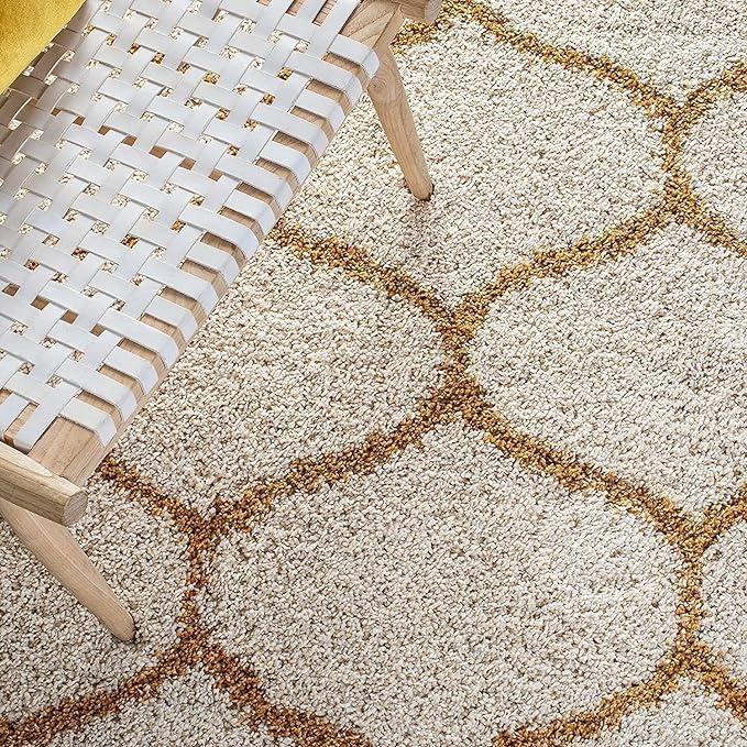 Yellow with Ivory Premium Morrocon Design Soft Shaggy Microfiber Rug/Floor - Mat/Carpet - FYROSTIC CARPET